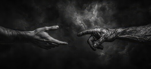 Two hands reach toward each other, one human and one robotic, symbolizing the connection between humanity and technology in a dramatic, dark setting.