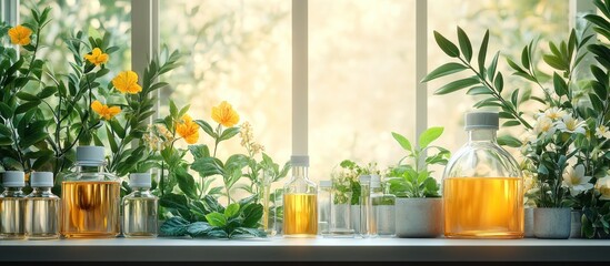 Bottles of Herbal Essential Oils on Window Sill