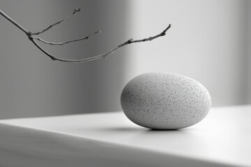 A Textured White Sphere and a Branch in Monochromatic Lighting
