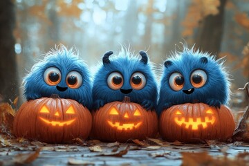 Cute Halloween Monsters with Pumpkins