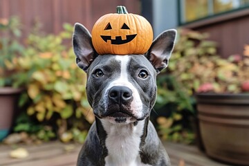Blue nose pitbull dog poses with a pumpkin on its head in a cozy backyard, exuding halloween spirit with playful eyes and perked ears