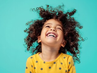 Joyful child laughing with curly hair on teal background