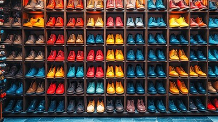 Fototapeta premium Rows of colorful shoes for sale displayed on shelves in a store