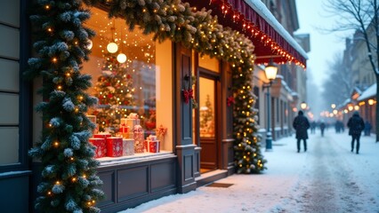 Festive holiday window display featuring Christmas decorations and gifts in a snowy street at dusk