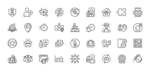 Timer, Teamwork chart and Loan percent line icons pack. AI, Question and Answer, Map pin icons. Disaster, Puzzle, Growth chart web icon. Loyalty star, Wallet, Vinyl record pictogram. Vector