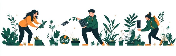 Illustration of people engaging in eco-friendly activities with solar panels and plants, promoting green living and environmental awareness