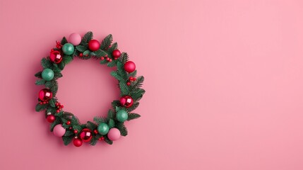 Obraz premium Colorful Christmas wreath with red, green, and pink ornaments on pink background, minimalist festive decor, vibrant holiday design, clear copyspace, joyful Christmas arrangement.