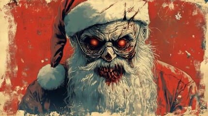 Creepy Santa Claus with glowing eyes and a sinister expression.