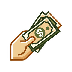 A hand is holding three green bills with a dollar sign on them. Concept of money being exchanged or given