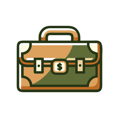 A green briefcase with a dollar sign on it. The briefcase is made of leather and has a gold zipper