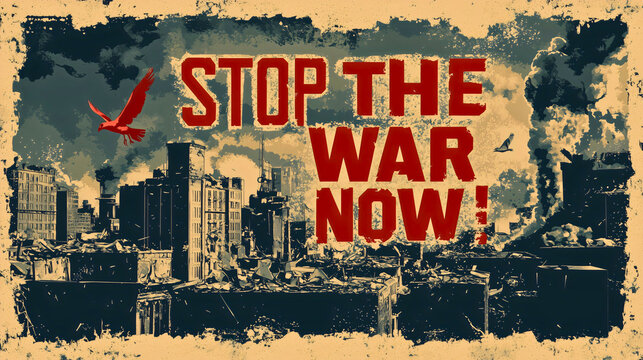 Message composed in a poster style with a clear message: Stop the war now! Peace, not war! Stop the war and meaningless bloodshed. The image depicts a destroyed city and the horrors of war.