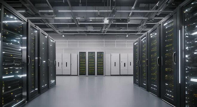 Detailed shot of a computer server room in a manufacturing facility highlighting the extensive use of AI and ML algorithms to use and optimize large amounts of production data