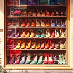 Shoe store displaying colorful women's shoes for sale