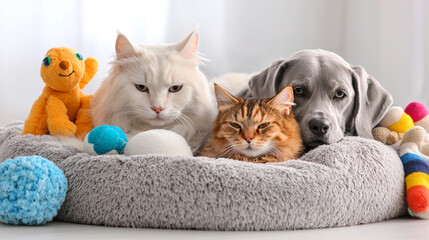 A heartwarming image of an affectionate dog and cat cuddling together on a soft bed, surrounded by plush toys and cozy blankets. 