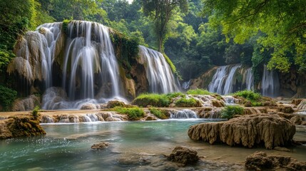 Obraz premium Serene Waterfall Cascade in a Lush Green Forest