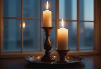 Burning candles in vintage candlestick on the background of the window