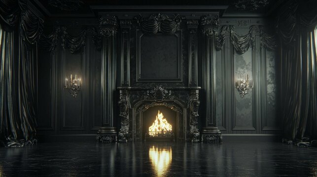 Enchantingly Eerie Gothic Halloween Living Room Scene with Ornate Fireplace and Heavy Drapes in 3D Render Illustration