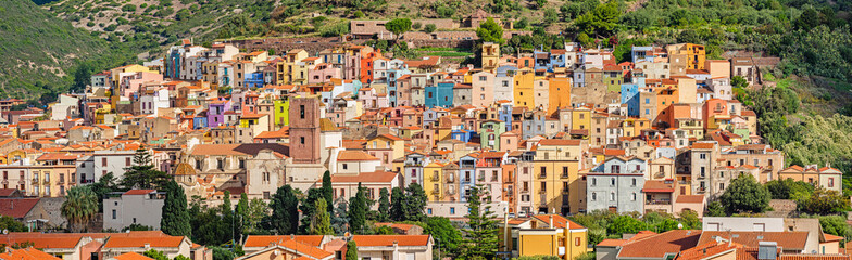 Colorful buildings of Bosa with the Castle of Serravalle. Oristano, Sardinia, Italy