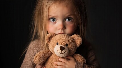 A young girl with long hair hugs a soft teddy bear, gazing directly at the camera against a dark background.