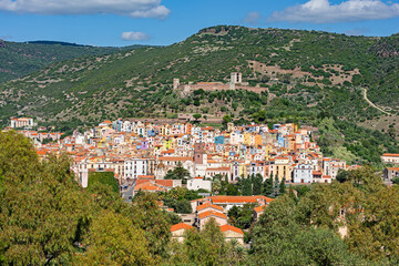 Colorful buildings of Bosa with the Castle of Serravalle. Oristano, Sardinia, Italy