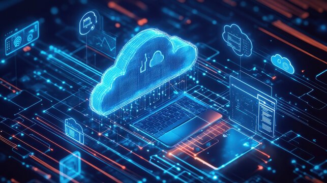 Digital illustration of cloud computing technology with a virtual cloud hovering over a laptop in a futuristic network grid