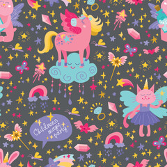 Childrens Magic animals seamless pattern. Cute ornament with fairytale characters, fairy cat, animals with horns, unicorn on cloud, rainbow, falling stars, crystals and cute elements.