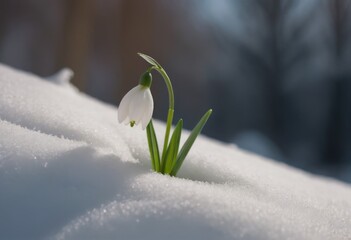 Snowdrop flower in the snow. First spring flowers. Nature background.