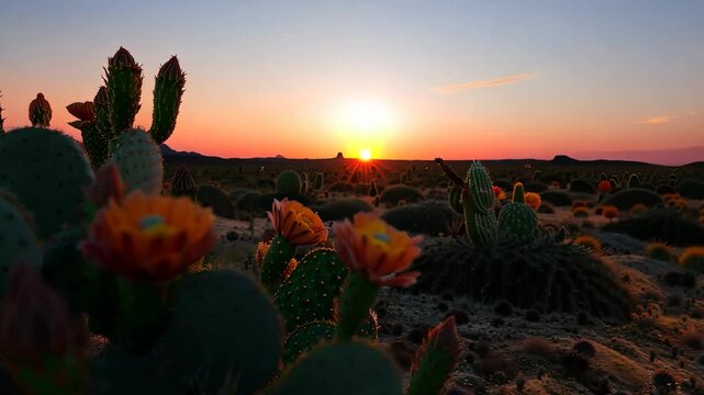 Prickly pear cactus in desert sunset, Video
