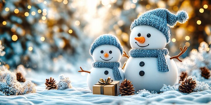 Two happy snowmen enjoying winter wonderland with golden gift