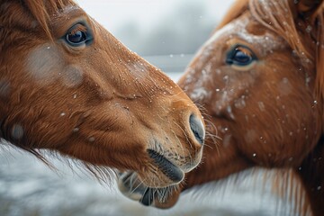 Two horses gently nuzzle each other in a snowy setting, their warm breath visible in the cold air. Snowflakes fall softly around them, creating a serene winter atmosphere