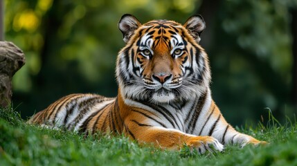 Close-up of a majestic tiger resting in the grass, with intense eyes