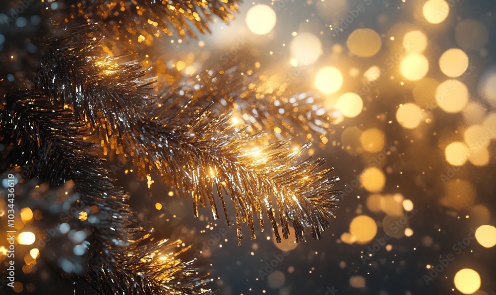 Poster glittering tinsel draped over a christmas tree branch, with each strand reflecting light and adding 