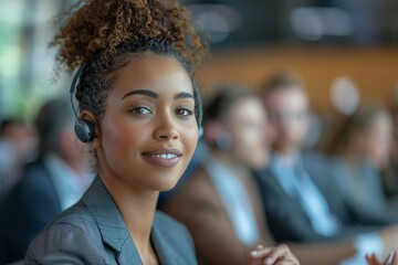 Obraz premium A focused woman wearing a headset engages in discussions during a conference meeting. She is part of a professional group in a lively office environment, demonstrating effective communication skills