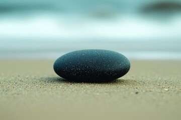 A Single Smooth Black Pebble on Sandy Beach
