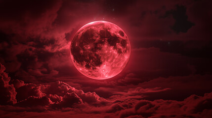 A Halloween scene featuring a large, glowing red moon set against a dark, cloudy sky. The clouds are illuminated with shades of red, creating an eerie and mystical atmosphere.