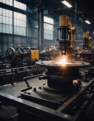 Manufacturing foundry facility filled with milling machines is actively producing components. Environment is industrial, characterized by machinery tools, visible sparks, suggesting precision work. AI