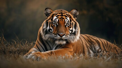 Naklejka premium Close-up of a majestic tiger resting in the grass, with intense eyes