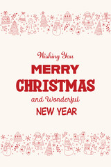 Colourful Christmas greeting card with cartoon decorations. Vector illustration