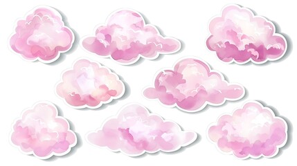Pastel pink cloud shape sticker set isolated on white background