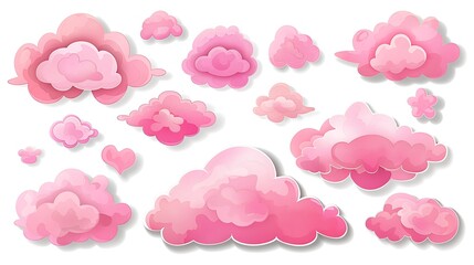 Pastel pink cloud shape sticker set isolated on white background