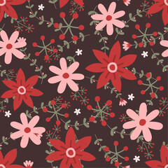 Floral vector artwork for apparel and fashion fabrics, red and pink daisy flowers. Seamless pattern background