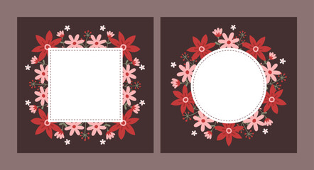 Vector shape of red and pink daisy flowers frame, Floral border box label of wreath with branch and leaves