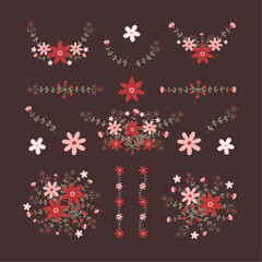 Isolated red and pink daisy flowers wreath with branch and leaves. Vector bouquet and decorative object