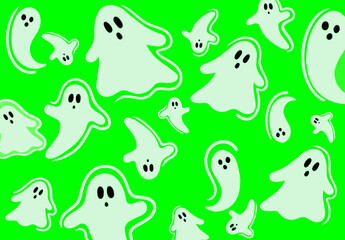 Vector Seamless Pattern of Cute Halloween Ghosts on Green Background