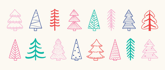 Collection of a hand drawn Christmas tree icons. Holiday decorations. Vector illustration