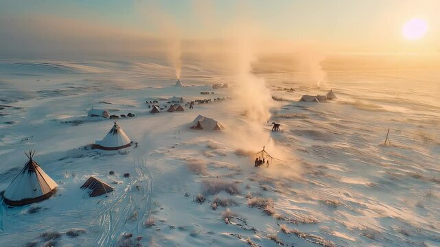 Yukaghir community settles in remote winter tundra. Traditional teepees and reindeer reflect lifestyle deeply adapted to harsh Arctic landscape, passed down through generations. Northern concept