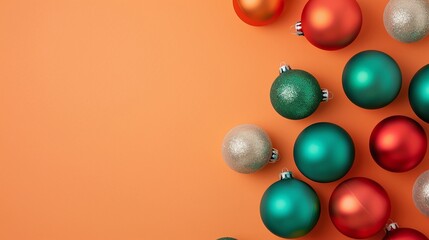 Christmas ornaments in red, teal, green, and silver on an orange background, festive minimalist decor, clear copyspace, holiday theme, vibrant Christmas colors, joyful design.

