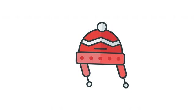 Animated red knitted hat with white pompom and ear flaps. Ideal for winter fashion, outdoor activities, skiing, and holiday themed designs