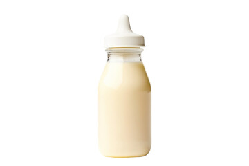 Baby bottle filled with milk with nipple isolated on white background. Concept of baby feeding and nutrition.