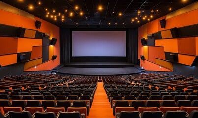 Empty modern movie theatre interior with screen and seats